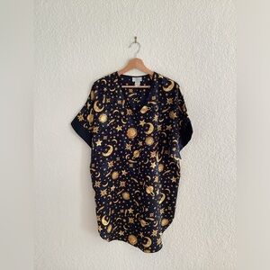 Vintage LA Intimates Back Gold Celestial Sun Moon Stars Nightie Tunic Dress